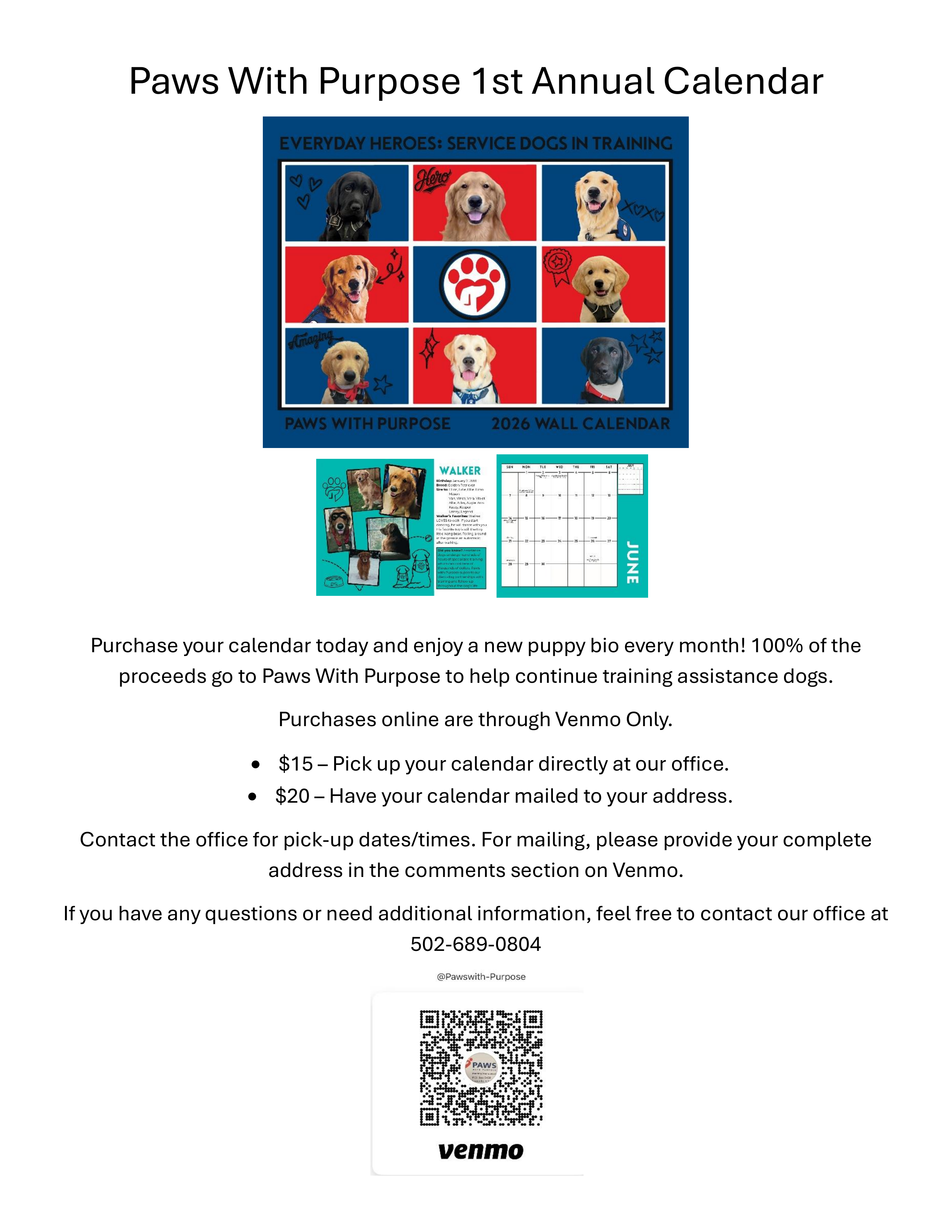 2026 Paws With Purpose Annual Calendar